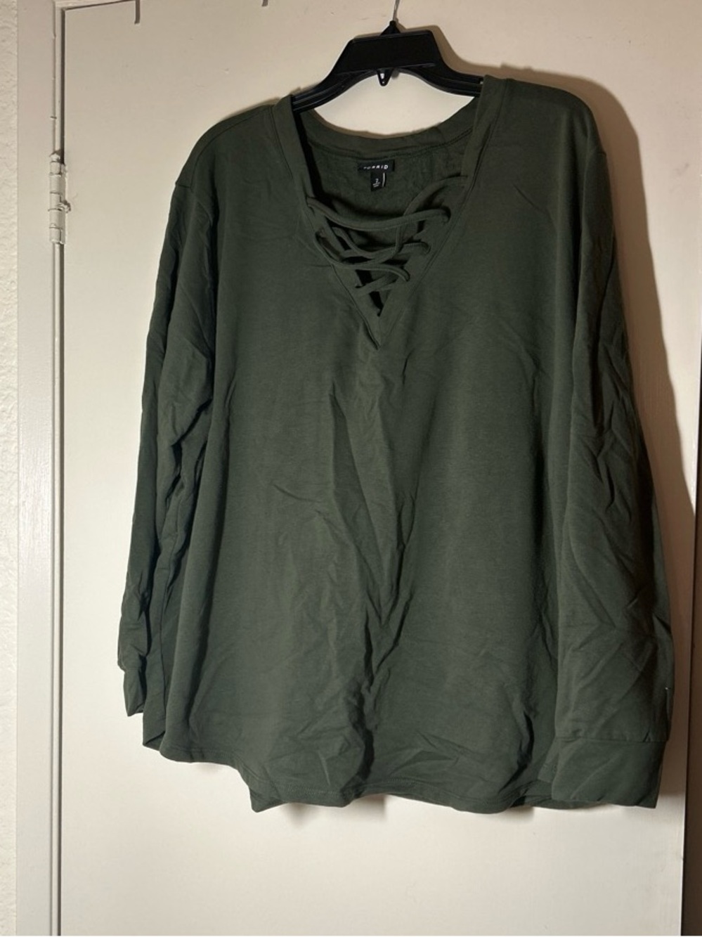 Olive Lace-Up V-Neck Sweatshirt